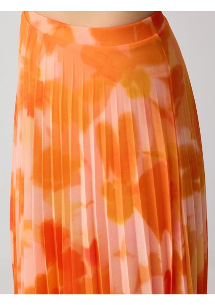 Turuncu Normal Bel Piliseli Çiçek Desenli Mesh Örme Midi Etek indirimleri