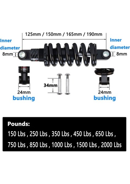 165 mm 100 Lbs Tarzı Dağ Bisikleti GS-121A, 100-150 Lbs Yaylı Arka Şok Emici Süspansiyon Amortisör (Yurt Dışından) modelleri