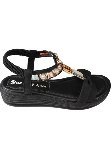 Yazkış Kadın Siyah Ten Cilt Tek Bantlı Üzeri ve Bileği Taşlı 4cm Arkası Lastikli Kalın Taban Sandale fiyatları