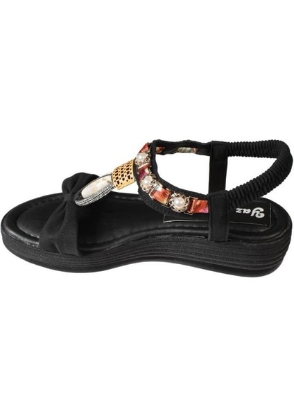 Yazkış Kadın Siyah Ten Cilt Tek Bantlı Üzeri ve Bileği Taşlı 4cm Arkası Lastikli Kalın Taban Sandale modelleri