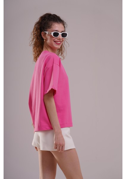 Kadın Pembe Oversize Tişört - Let It Go Baskılı fırsatları