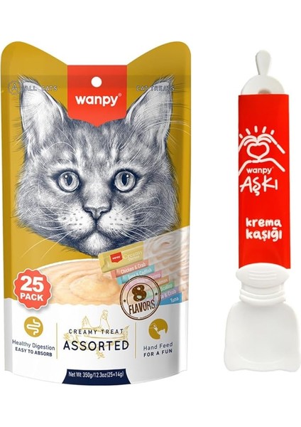 Wanpy Karışık 8 Lezzetli Krema Kedi Ödülü 25 * 14 gr + Wanpy Krema Kaşığı