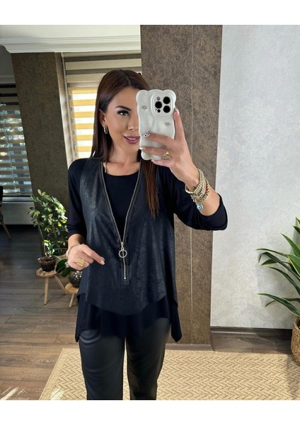 Kadın Uzun Kol Asimetrik Kesim Viskon Bluz ve Çatlak Deri Görünümlü Fermuar Detaylı Yelek Ikili Takım
