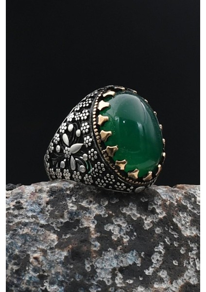 Yeşil Akik Taşlı 925 Ayar Gümüş Erkek Yüzüğü 901759