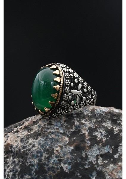 Yeşil Akik Taşlı 925 Ayar Gümüş Erkek Yüzüğü 901759 fırsatları