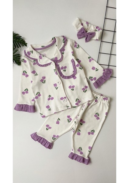Lale Desenli Lila rengi Fırfır Detaylı Bandanalı Kız Bebek Pijama Takımı