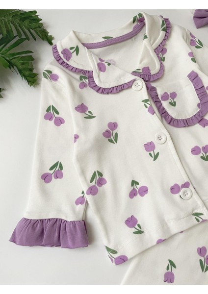 Lale Desenli Lila rengi Fırfır Detaylı Bandanalı Kız Bebek Pijama Takımı fiyatları