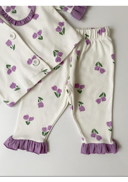 Lale Desenli Lila rengi Fırfır Detaylı Bandanalı Kız Bebek Pijama Takımı modelleri