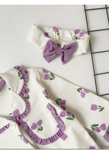 Lale Desenli Lila rengi Fırfır Detaylı Bandanalı Kız Bebek Pijama Takımı fırsatları