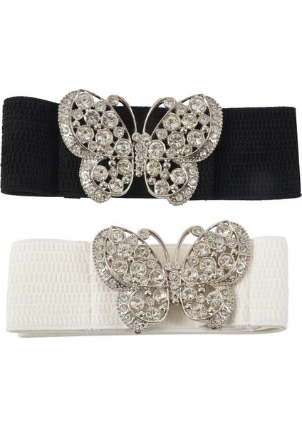 2 Adet Kadın Rhinestones Accent Kelebek Kanca Toka Elastik Cinch Bel Kemeri, Beyaz ve Siyah (Yurt Dışından)