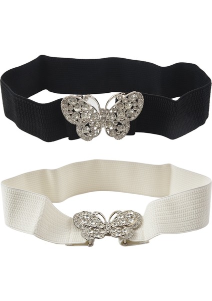 2 Adet Kadın Rhinestones Accent Kelebek Kanca Toka Elastik Cinch Bel Kemeri, Beyaz ve Siyah (Yurt Dışından) fiyatları