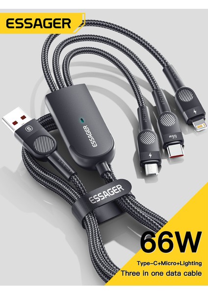 Essager 66W 6A 3'ü 1 Arada USB C Tipi Kablo Mikro USB Kablosu iPhone 13 12 Pro Max Samsung Huawei Telefon Veri Kablosu (Yurt Dışından)