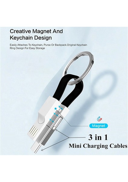 3in1 Manyetik Hızlı Şarj Veri Kablosu Taşınabilir Anahtarlık Telefon Şarj Kablosu Mikro USB Tip-C iPhone Android Için Anahtarlık Charm (Yurt Dışından)