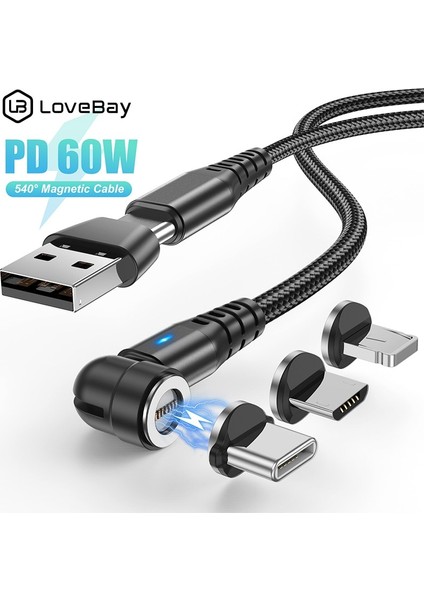 Lovebay 60W Pd Manyetik Kablo iPhone 13 12 Samsung Xiaomi Macbook Huawei Hızlı Şarj Aleti Kablosu USB C Tipi C Mikro Veri Kablosu (Yurt Dışından)