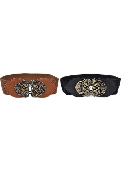 2x Kadın Retro Çiçek Elastik Streç Tokalı Geniş Bel Kemeri Kemer (Siyah ve Açık Taba) (Yurt Dışından)