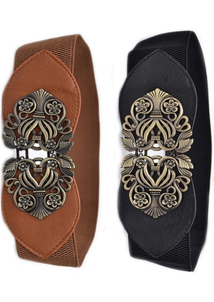 2x Kadın Retro Çiçek Elastik Streç Tokalı Geniş Bel Kemeri Kemer (Siyah ve Açık Taba) (Yurt Dışından) modelleri