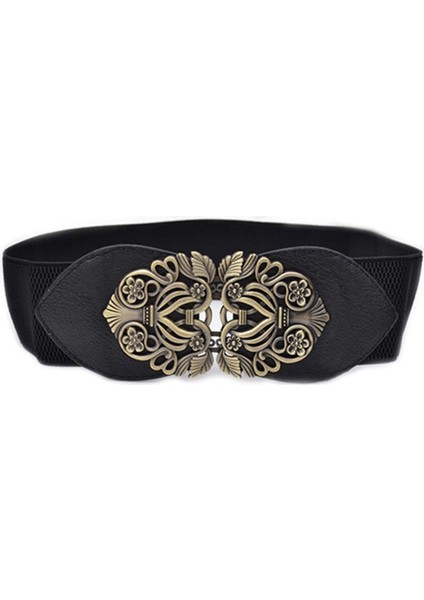 2x Kadın Retro Çiçek Elastik Streç Tokalı Geniş Bel Kemeri Kemer (Siyah ve Açık Taba) (Yurt Dışından) fırsatları