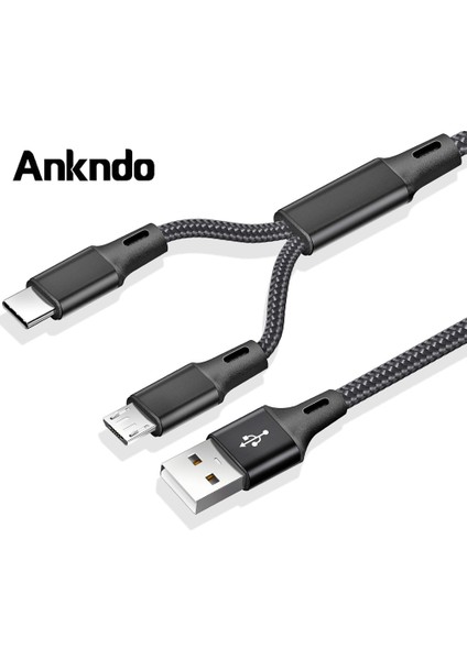 Ankndo 2 In 1 Mikro USB Kablosu Tip C Kablo Xiaomi Huawei Samsung Android Cep Telefonu Hızlı Şarj Kablosu Mikro USB Şarj Cihazı (Yurt Dışından)