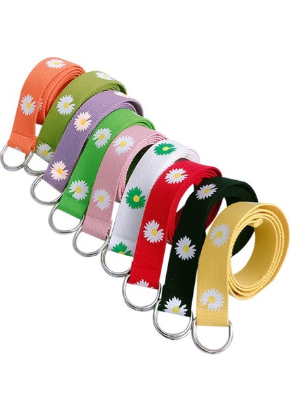 Moda Sevimli Papatya Desen Kanvas Bel Kemeri Kadın Kızlar Renkli Uzun Kemerler Çift D Halkalı Kot Giyim Aksesuarları (Yurt Dışından)