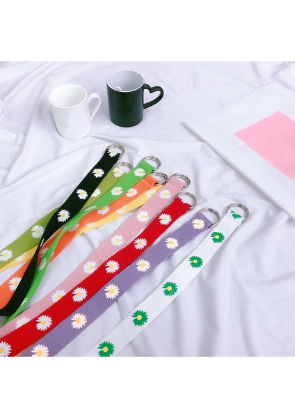 Moda Sevimli Papatya Desen Kanvas Bel Kemeri Kadın Kızlar Renkli Uzun Kemerler Çift D Halkalı Kot Giyim Aksesuarları (Yurt Dışından) fırsatları