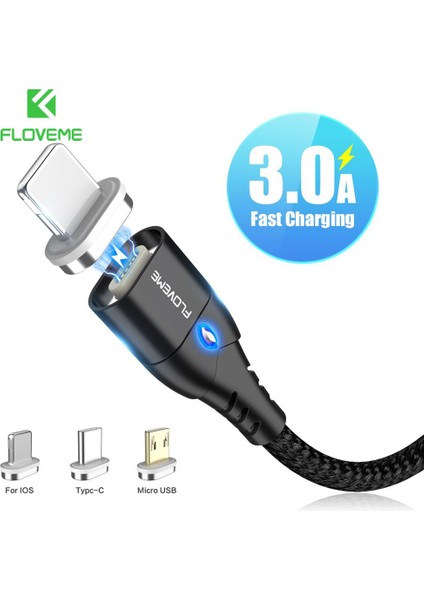 Floveme Manyetik Kablo USB C Kablosu iPhone Mikro USB Tip-C Manyetik Şarj Cihazı iPhone 12 3A Hızlı Magnatic Şarj Kabloları (Yurt Dışından)