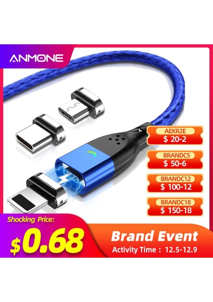 Anmone Manyetik Kablo Tip C Manyetik Şarj Kablosu Mikro USB Manyetik Şarj Cihazı iPhone Huawei Samsung Xiaomi Hızlı Şarj (Yurt Dışından)