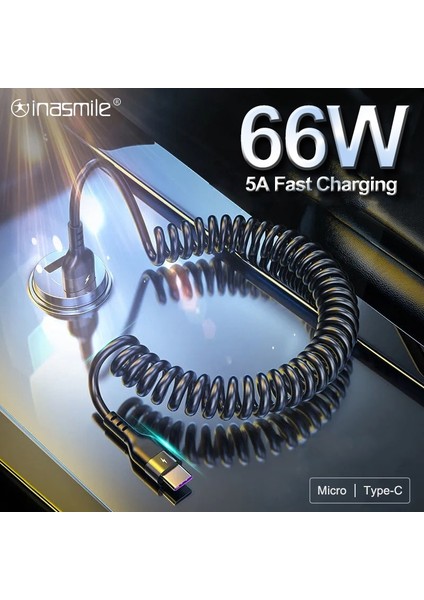 65W 5A Hızlı Şarj Tipi C Kablo 3A Mikro USB Yaylı Çekme Teleskopik Araba USB Kablosu Samsung Xiaomi Huawei Telefon Aksesuarları (Yurt Dışından)