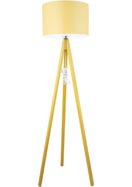Rustik Ahşap 3 Ayak Natural Açık Kahverengi Tripod Lambader Hardal Slindir Şapka