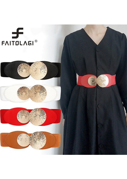 Kadın Elastik Geniş Kemer Moda Ince Korse Kuşak Çift Metal Yüzükler Kadın Ceket Elbise Kemer (Yurt Dışından)