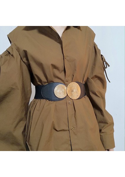 Kadın Elastik Geniş Kemer Moda Ince Korse Kuşak Çift Metal Yüzükler Kadın Ceket Elbise Kemer (Yurt Dışından) modelleri
