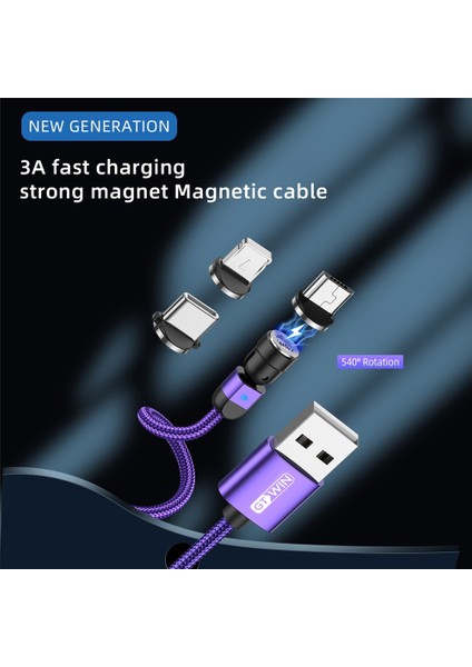 Gtwın 3A Hızlı Şarj Manyetik USB Kablosu 540 Döndür Mıknatıs Şarj Cihazı 2 M IPhone Xiaomi Samsung Mikro USB C Tipi Kablo Veri Kablosu (Yurt Dışından)