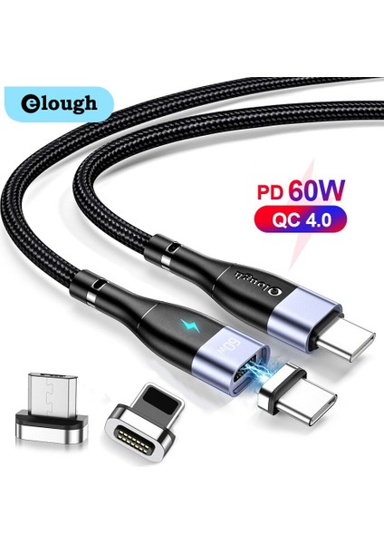Elough PD60W Manyetik Kablo USB C Tip C Kablo Usb-C Manyetik Şarj Cihazı Huawei iPhone Xiaomi Poco Samsung Macbook Veri Kablosu (Yurt Dışından)
