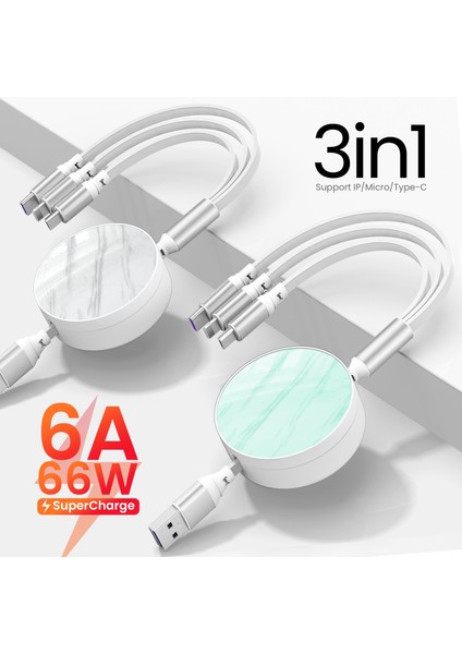 Geri Çekilebilir 6A/66W 3 In 1 USB Şarj Veri Kablosu iPhone 13 12 14 Pro Kablo Hızlı Şarj Samsung Xiaomi Için USB C Tipi Kablo (Yurt Dışından) fiyatları