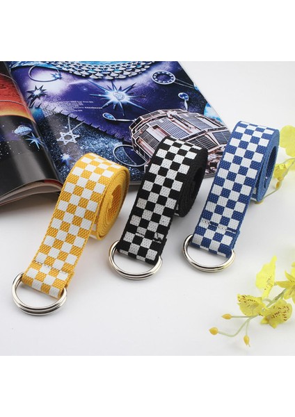 Marka Uni Kanvas Kemerler Kafes Baskılı Çift D Halka Çift Toka Punk Bel Kemeri Kadın Erkek Genç Uzun Geniş Beyaz Kemer (Yurt Dışından)