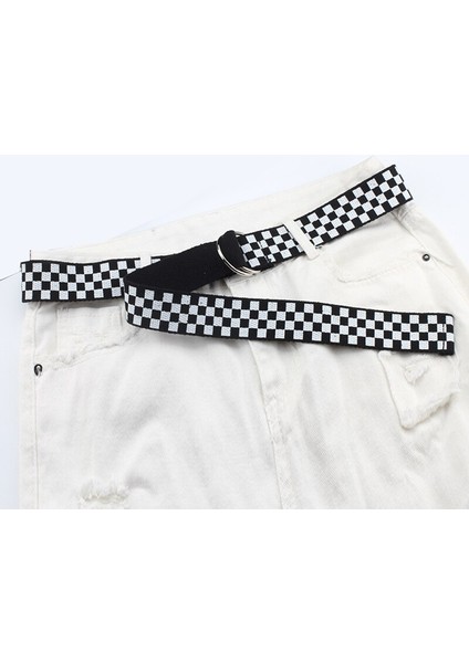 Marka Uni Kanvas Kemerler Kafes Baskılı Çift D Halka Çift Toka Punk Bel Kemeri Kadın Erkek Genç Uzun Geniş Beyaz Kemer (Yurt Dışından) indirimleri