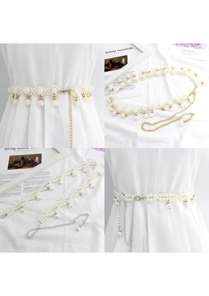 Inci Kemerler Zarif Kadın Ince Kemer Taklit Gümüş Altın Boncuklu Kanca Dekoratif Metal Elbise Aksesuarları Kemer Inci Zincir (Yurt Dışından) modelleri