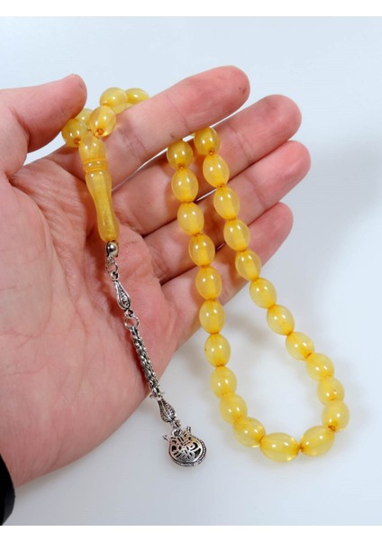 Açık Limon Rengi Tek Dal Püsküllü Toz Kehribar Tesbih
