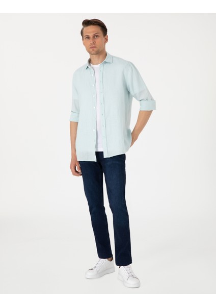 Erkek Su Yeşili %100 Keten Regular Fit Uzunkollu Gömlek 50303293-VR115