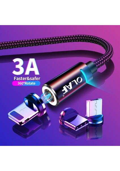 Olaf 3A Manyetik Mikro USB Kablosu iPhone Samsung S9 Hızlı Şarj Veri Kablosu Kablosu USB Tip C Mıknatıs Şarj Cihazı Cep Telefonu Kablosu (Yurt Dışından)