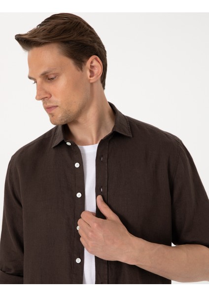 Erkek Kahverengi %100 Keten Regular Fit Uzunkollu Gömlek 50303293-VR029