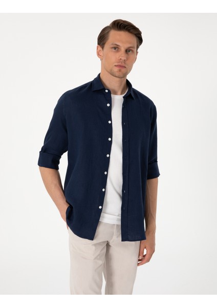 Erkek Lacivert %100 Keten Regular Fit Uzunkollu Gömlek 50303293-VR033