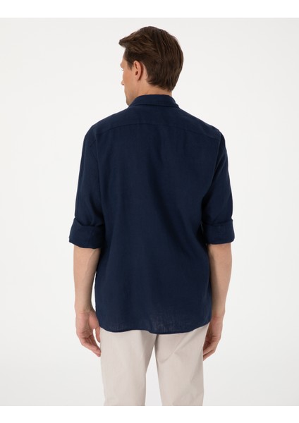 Erkek Lacivert %100 Keten Regular Fit Uzunkollu Gömlek 50303293-VR033 indirimleri