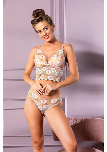Dantel Li Kaplı Desteksiz Bralet Slip Külot Takım Somon (MGP32031)