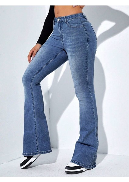 Kadın Yüksek Bel Cepli Ispanyol Paçalı Kot Jeans Pantolon