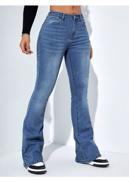 Kadın Yüksek Bel Cepli Ispanyol Paçalı Kot Jeans Pantolon
