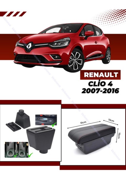 Renault Clio 4 2007-2016 Sürgülü Kolçak Kol Dayama 2 Adet USB Li Araca Özel Delmesiz Vidasız Montaj