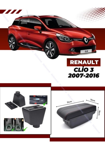 Renault Clio 3 2007-2016 Sürgülü Kolçak Kol Dayama 2 Adet USB Li Araca Özel Delmesiz Vidasız Montaj