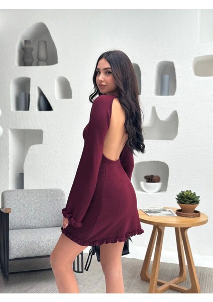 Sırt Pencereli Mini Triko Elbise - Bordo