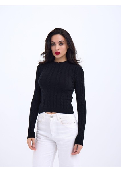 42491 Triko Saç Örgü Crop Kazak-Siyah