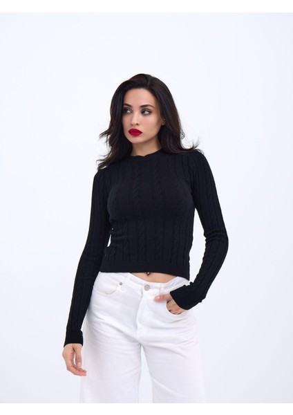 42491 Triko Saç Örgü Crop Kazak-Siyah fiyatları